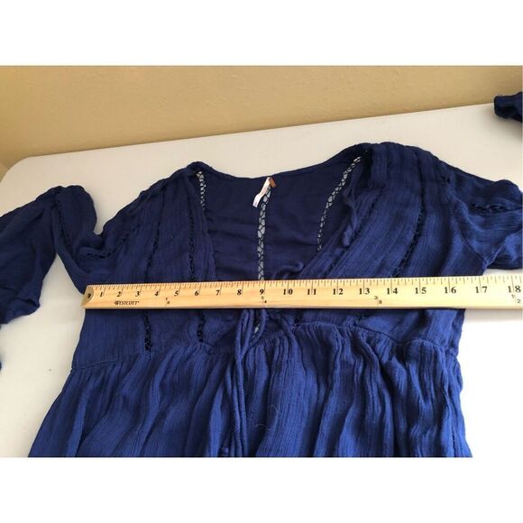 Free People Women Romeo Navy Blue Ladder Trim Boho Mini Dress SP - Picture 12 of 14